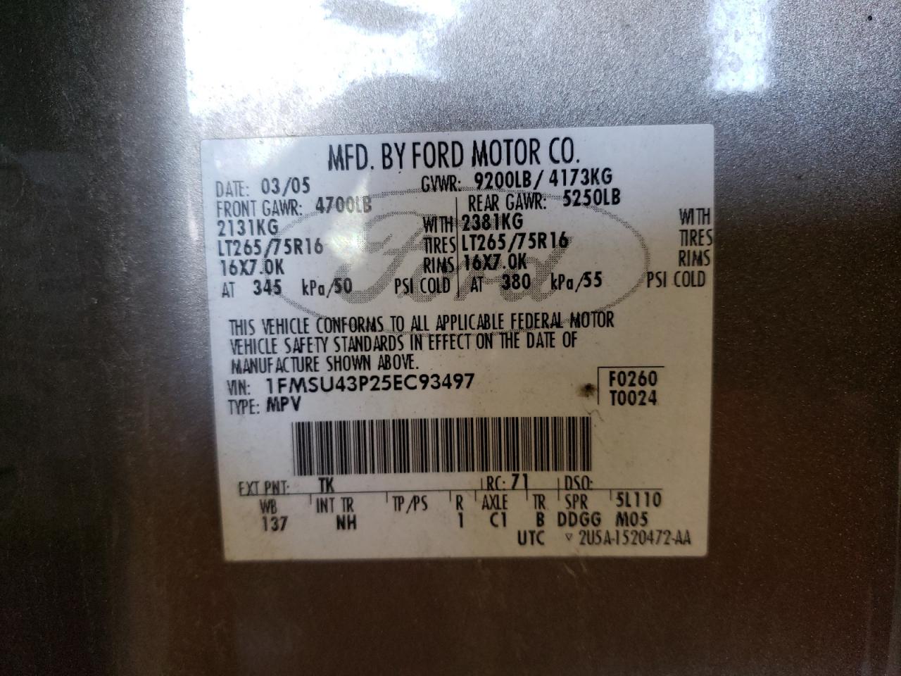 1FMSU43P25EC93497 2005 Ford Excursion Limited