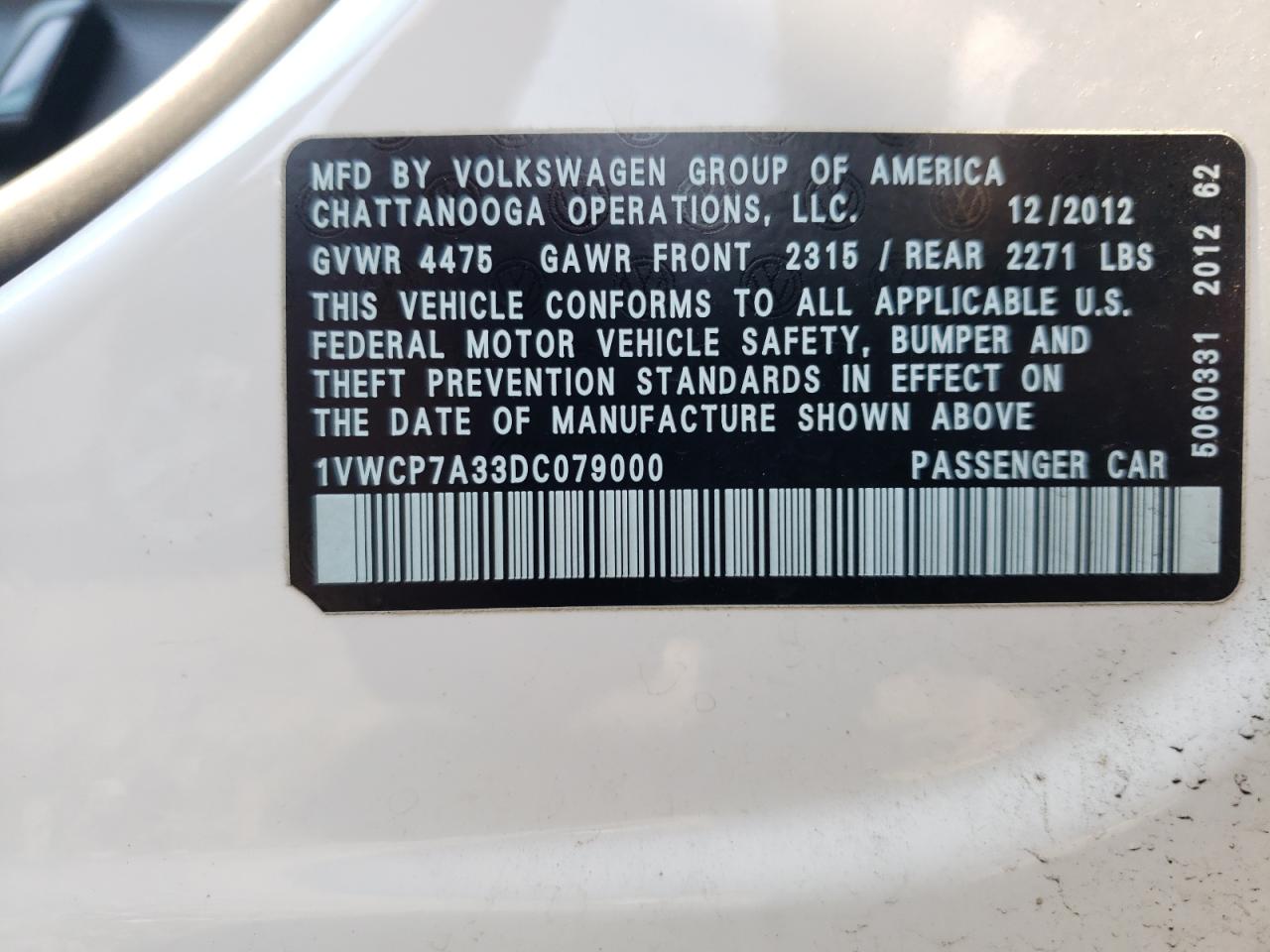 1VWCP7A33DC079000 2013 Volkswagen Passat Sel