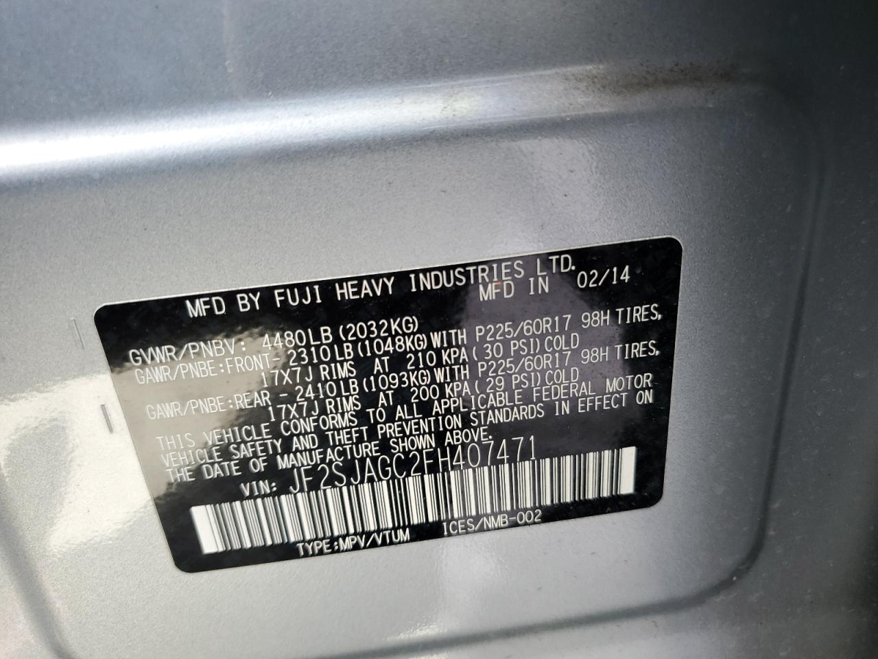 JF2SJAGC2FH407471 2015 Subaru Forester 2.5I Premium