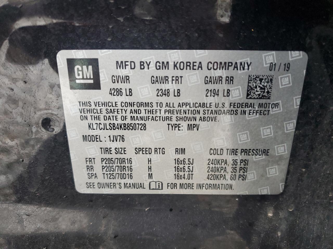 KL7CJLSB4KB850728 2019 Chevrolet Trax 1Lt