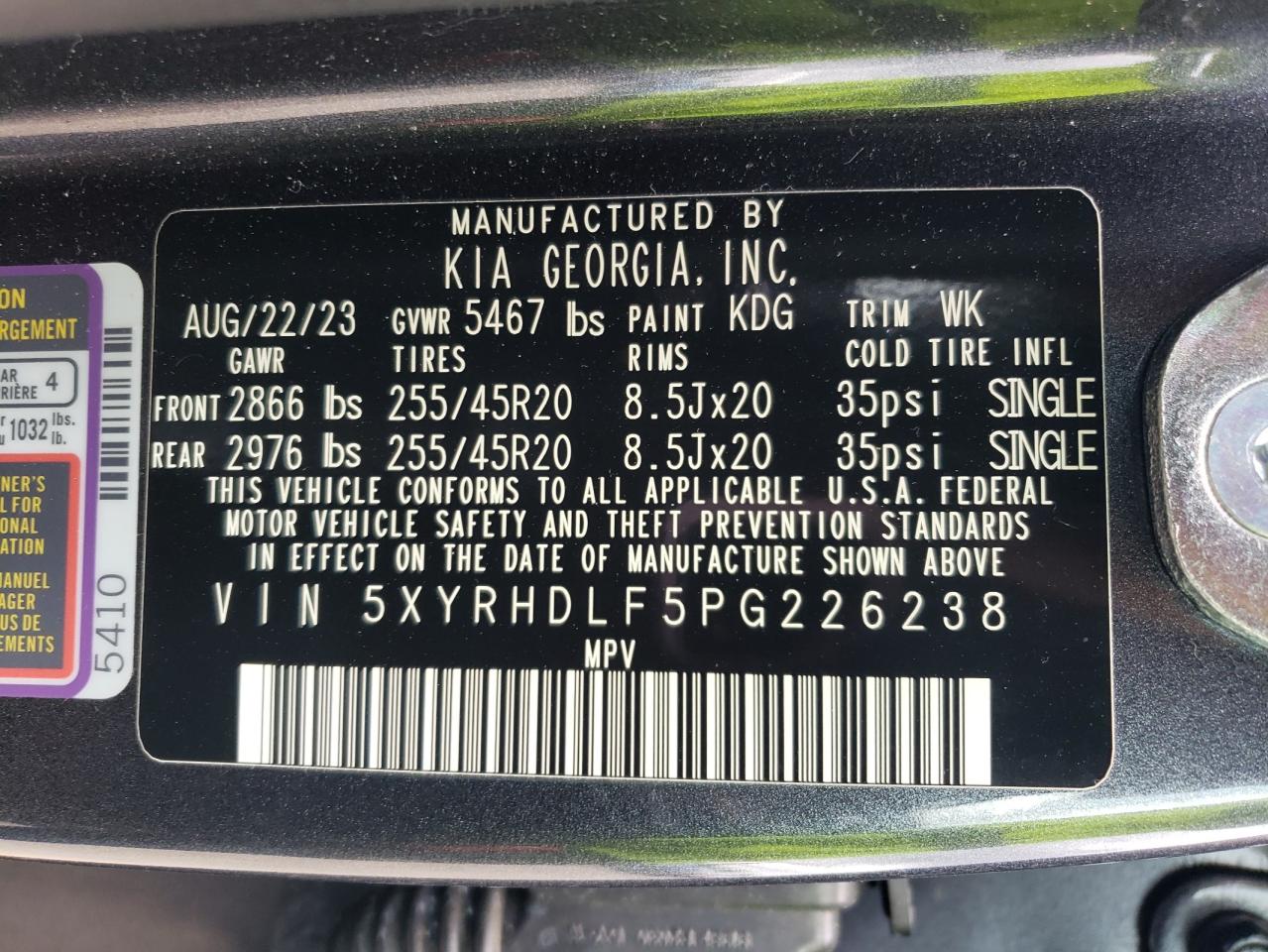 5XYRHDLF5PG226238 2023 Kia Sorento Ex