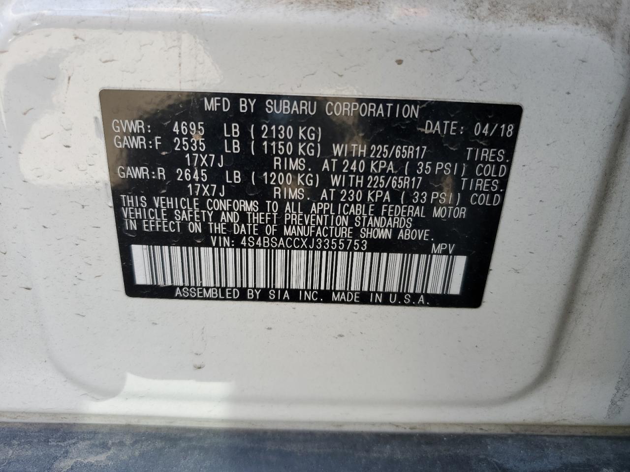 4S4BSACCXJ3355753 2018 Subaru Outback 2.5I Premium