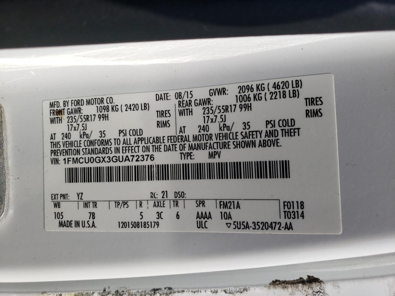 1FMCU0GX3GUA72376 FORD ESCAPE 2016