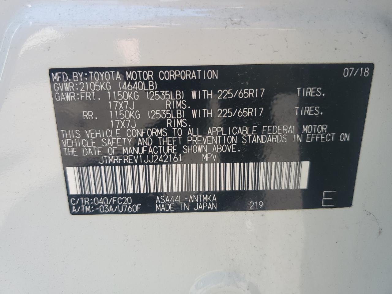 JTMRFREV1JJ242161 TOYOTA RAV4 2018