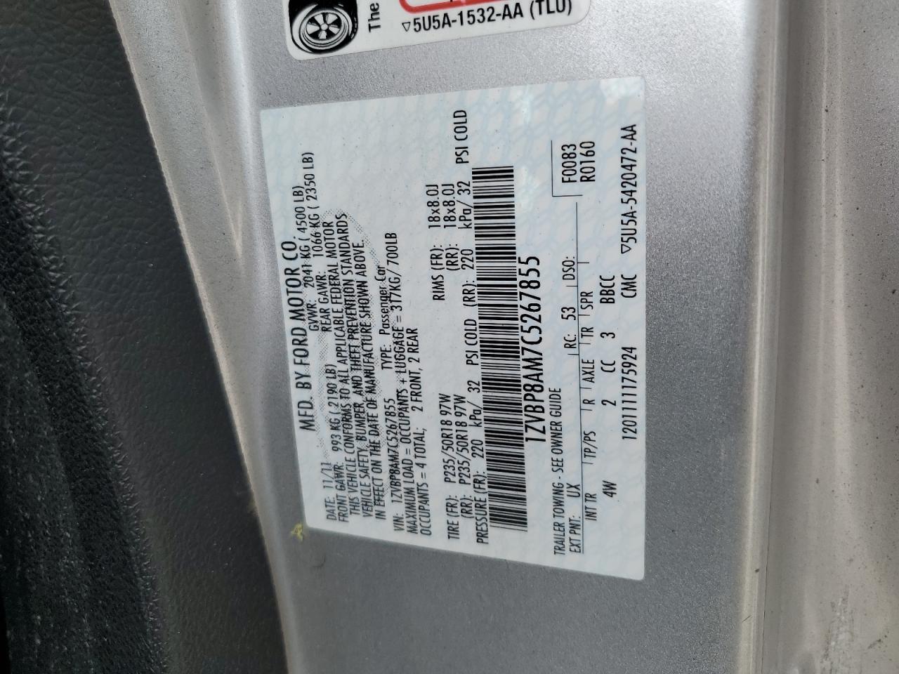 1ZVBP8AM7C5267855 2012 Ford Mustang