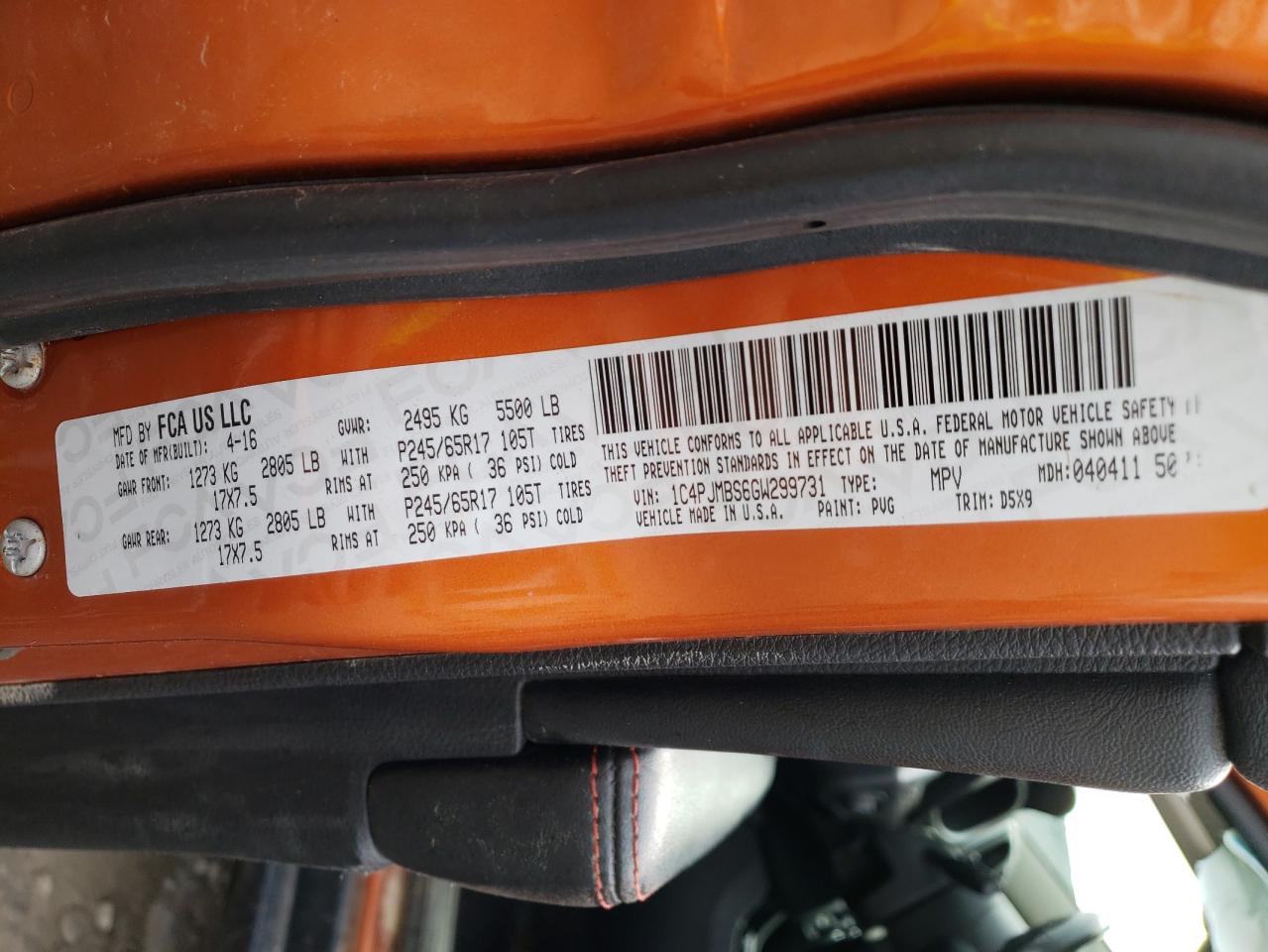 1C4PJMBS6GW299731 2016 Jeep Cherokee Trailhawk