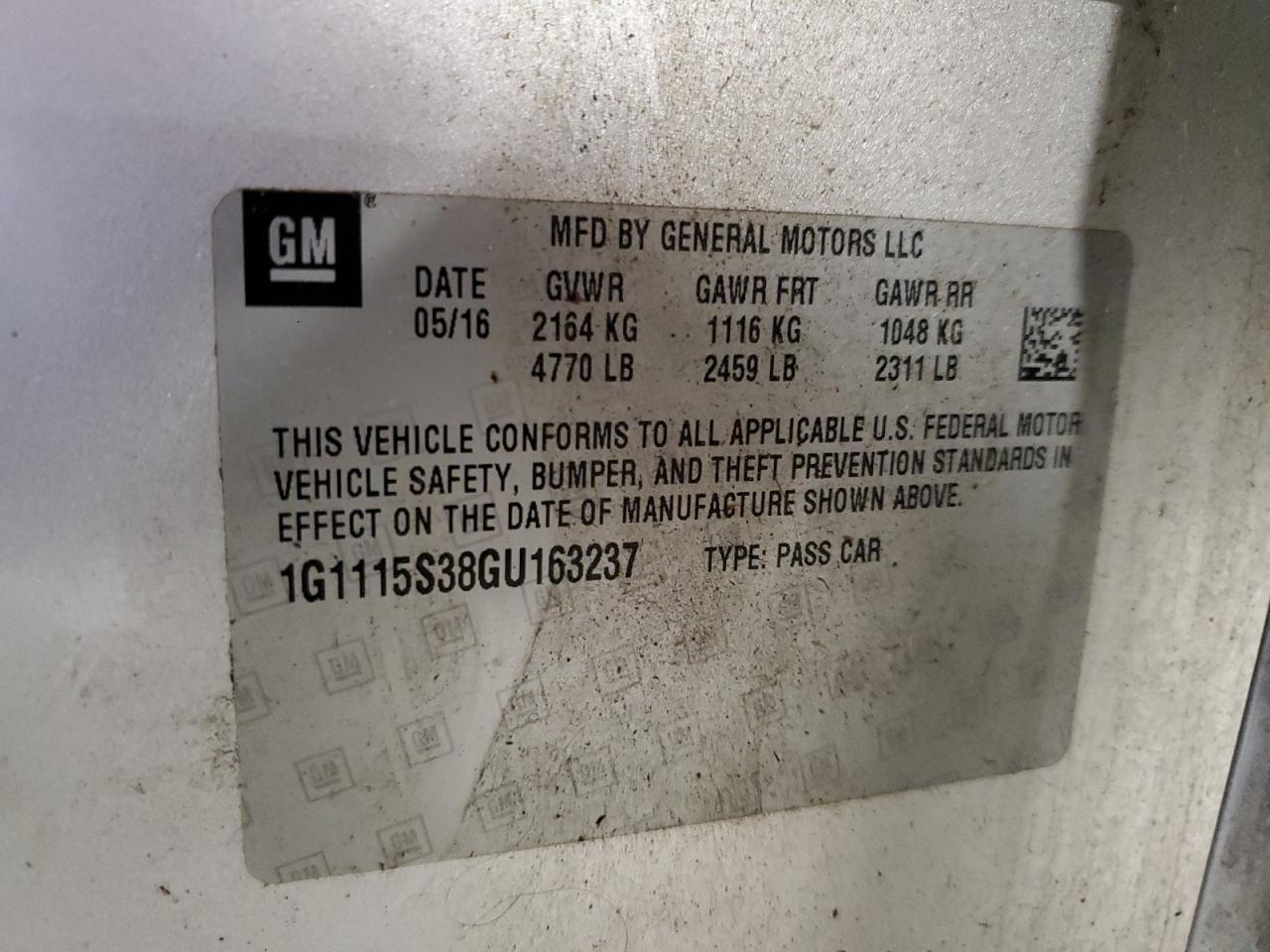 1G1115S38GU163237 2016 Chevrolet Impala Lt