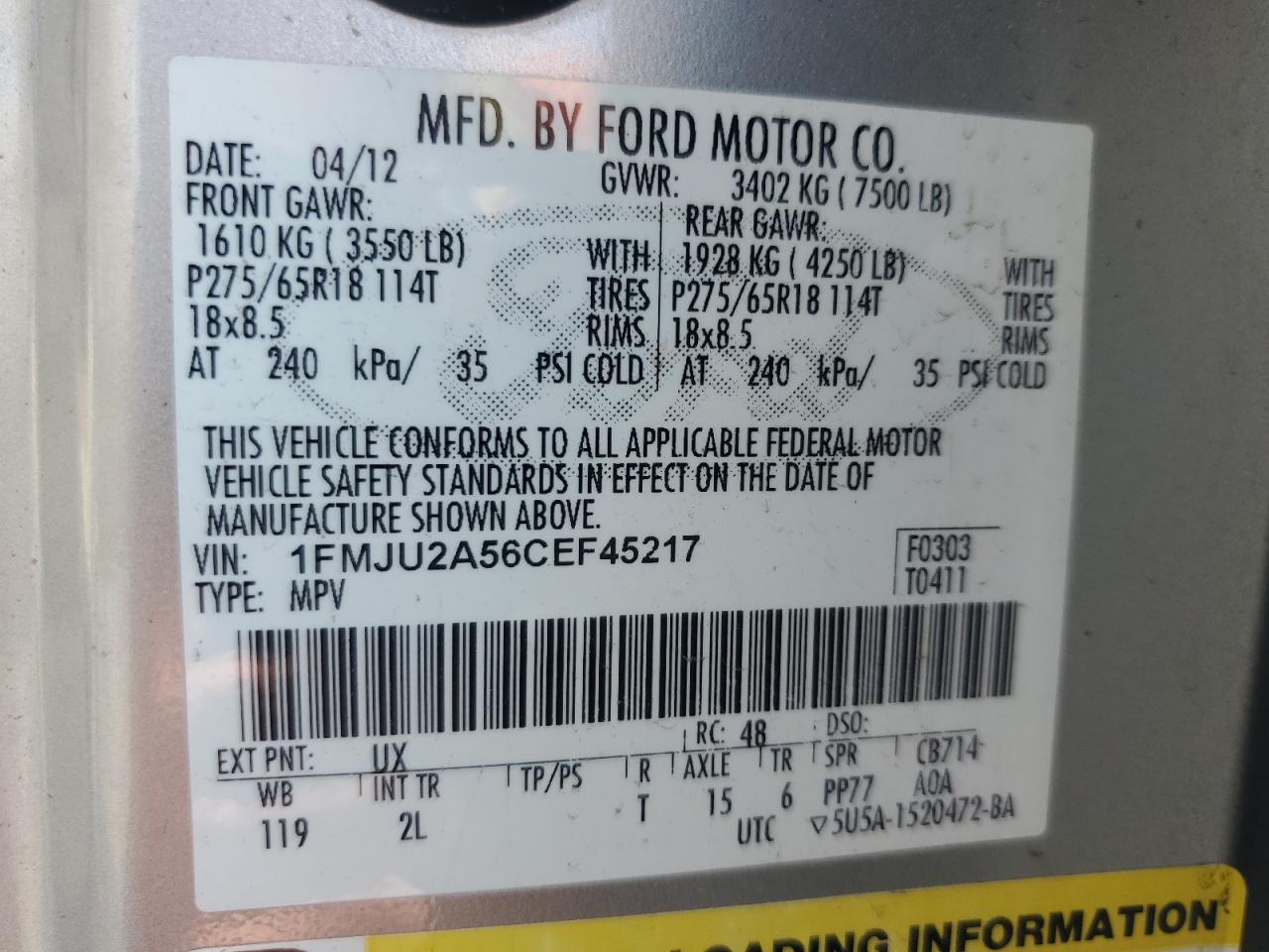 1FMJU2A56CEF45217 2012 Ford Expedition Limited