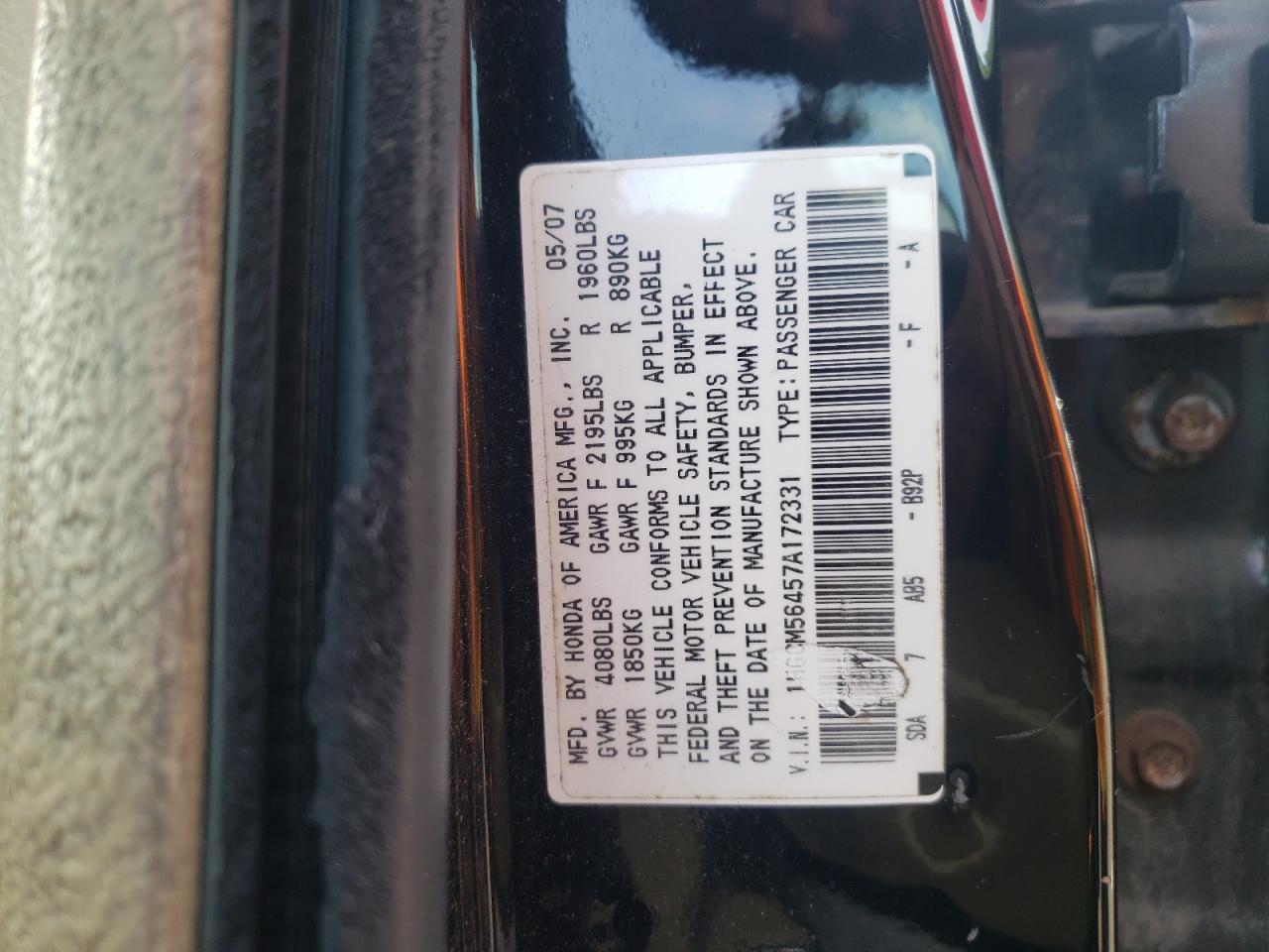 1HGCM56457A172331 2007 Honda Accord Lx