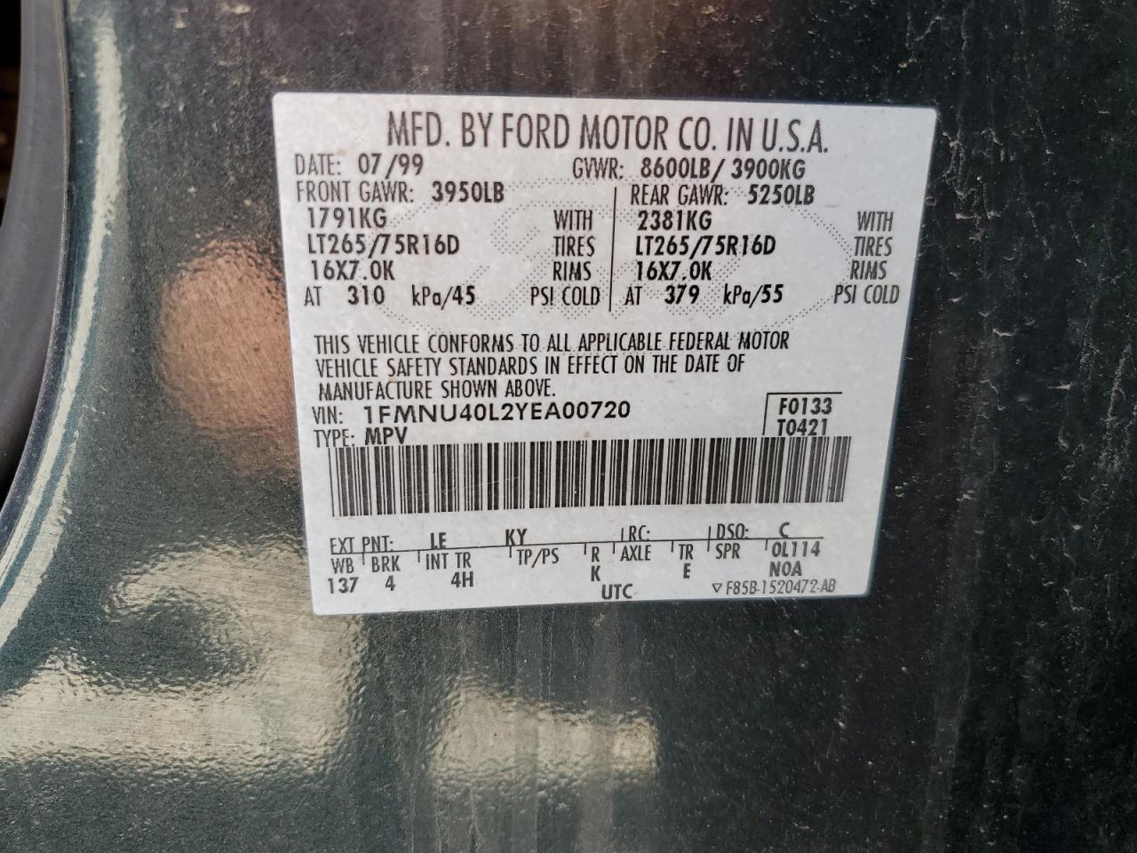 1FMNU40L2YEA00720 2000 Ford Excursion Xlt