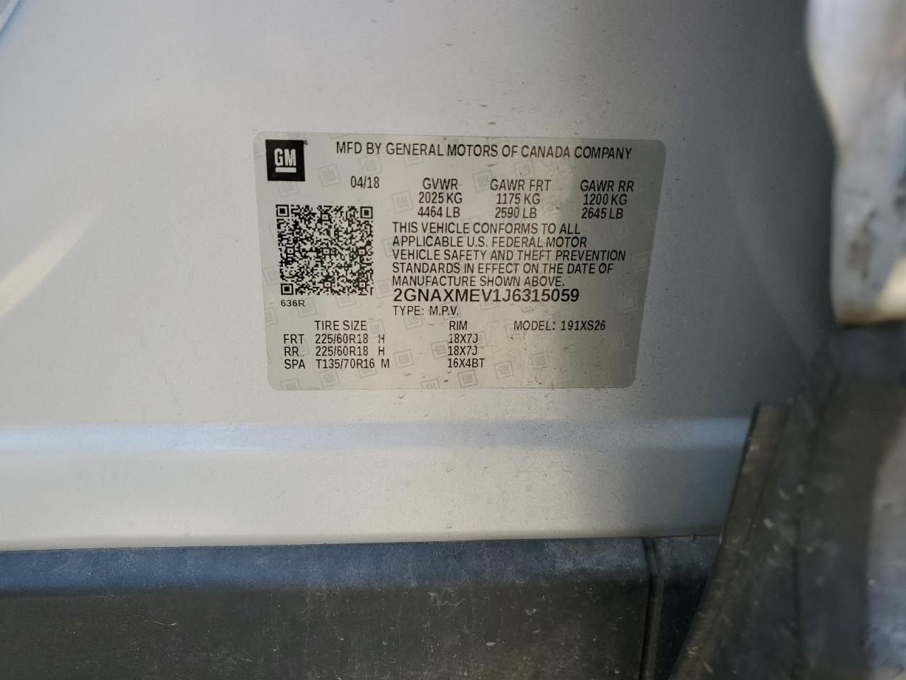2GNAXMEV1J6315059 CHEVROLET EQUINOX 2018