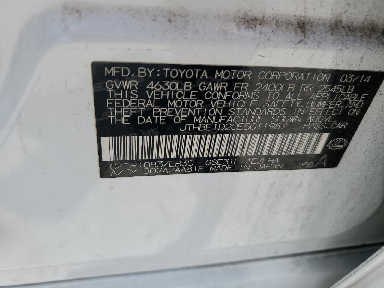 JTHBE1D20E5011987 2014 Lexus Is 350