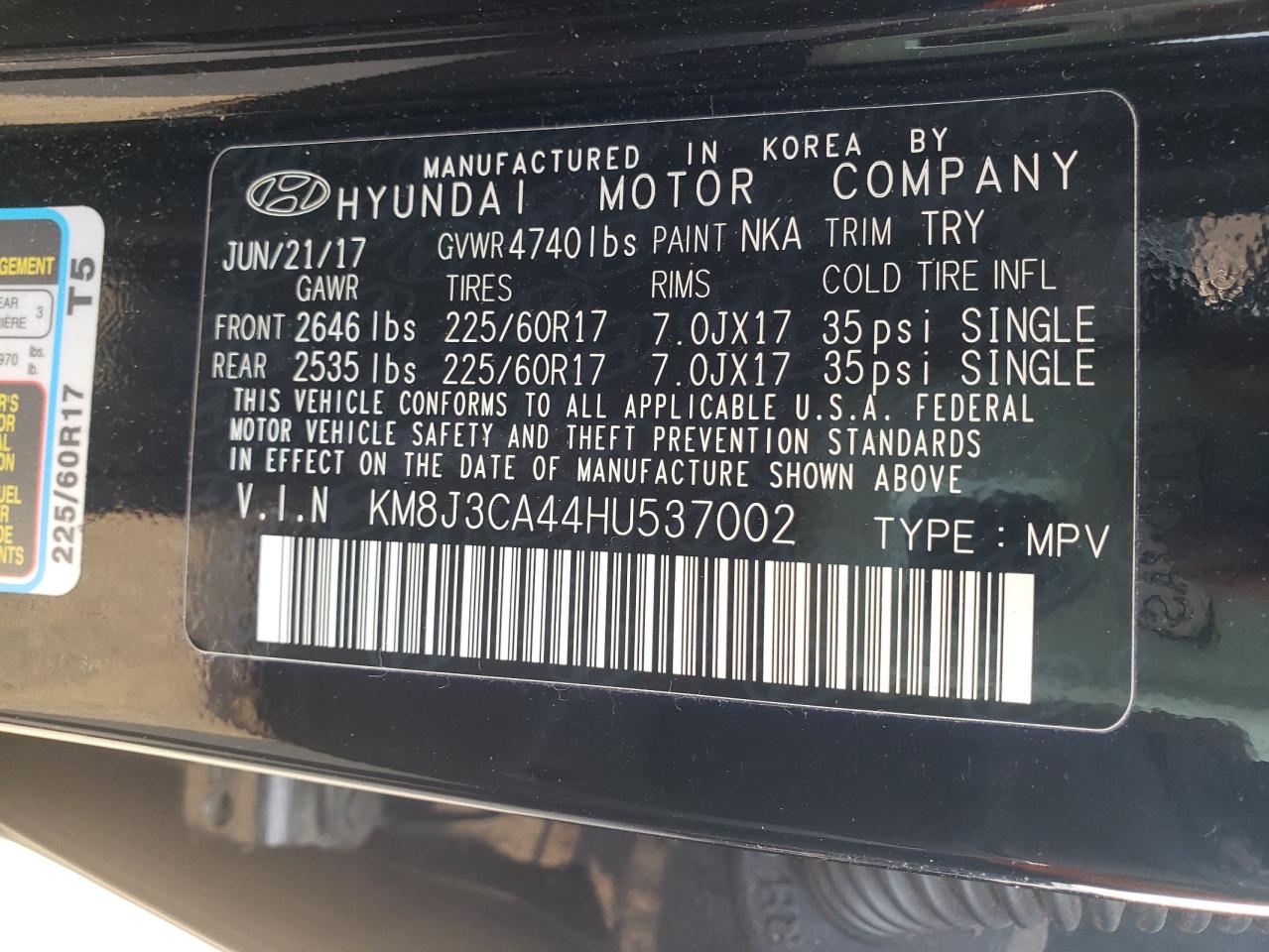 KM8J3CA44HU537002 2017 Hyundai Tucson Limited