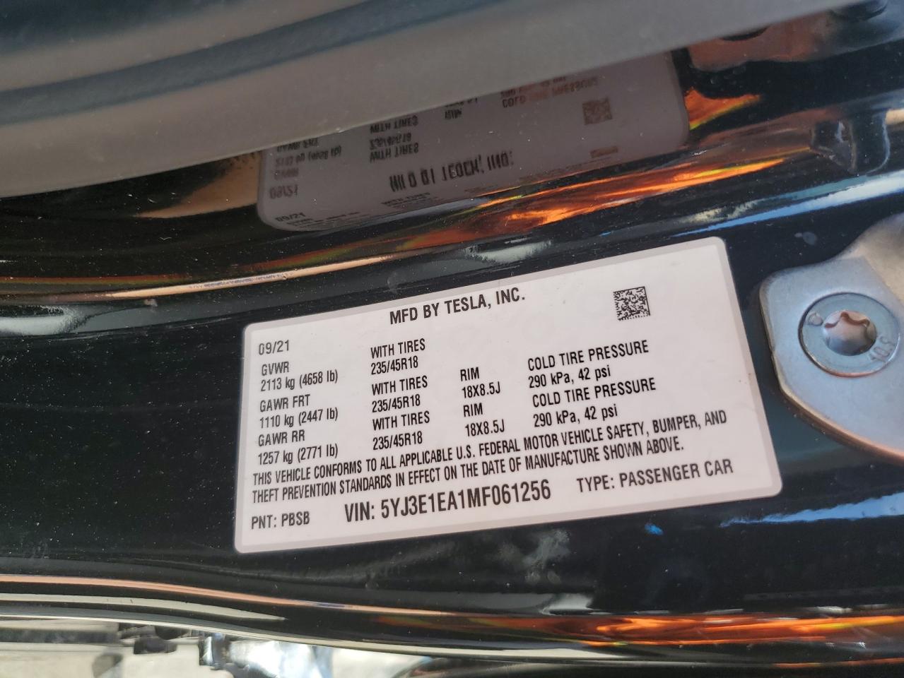 5YJ3E1EA1MF061256 2021 Tesla Model 3