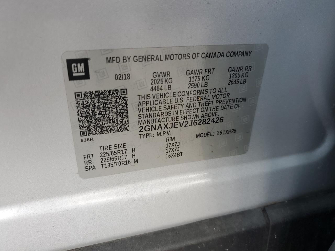 2GNAXJEV2J6282426 2018 Chevrolet Equinox Lt