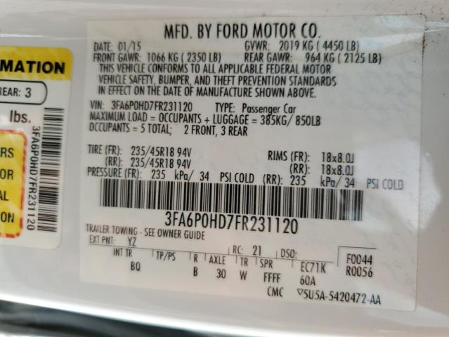 2015 Ford Fusion Se VIN: 3FA6P0HD7FR231120 Lot: 59800784