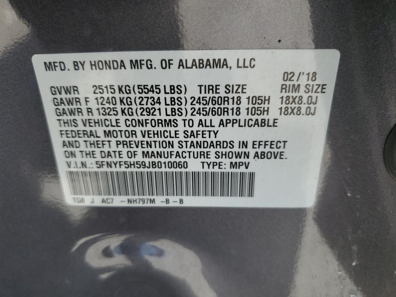 5FNYF5H59JB010060 2018 Honda Pilot Exl