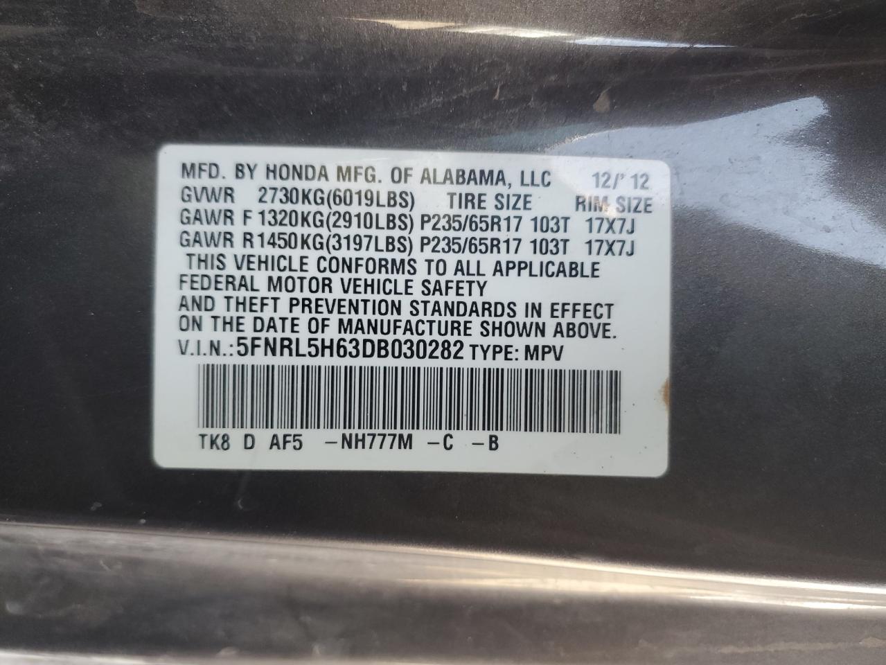 5FNRL5H63DB030282 2013 Honda Odyssey Exl