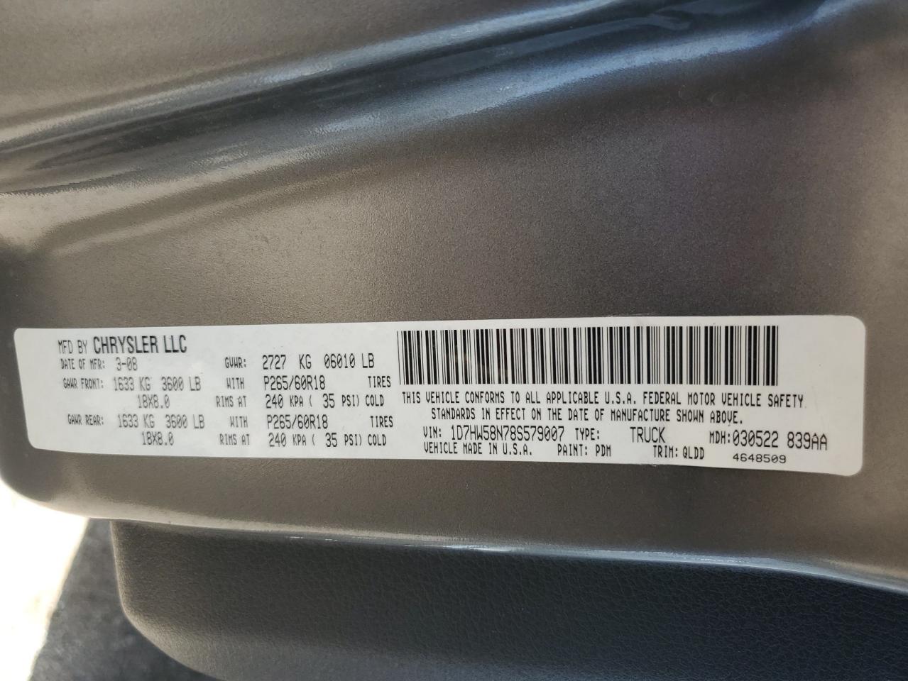 1D7HW58N78S579007 2008 Dodge Dakota Quad Laramie