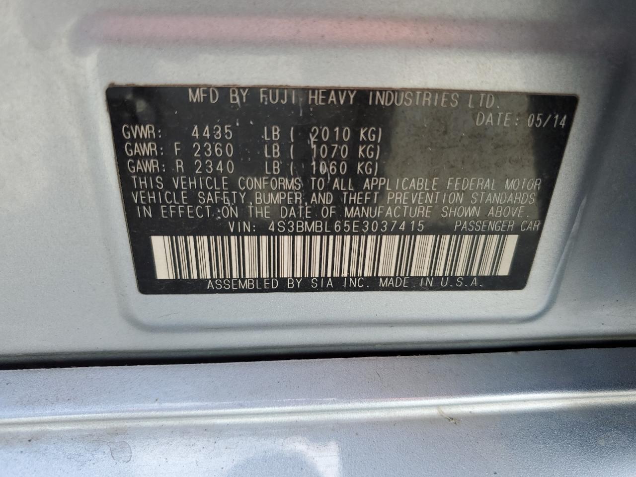 4S3BMBL65E3037415 2014 Subaru Legacy 2.5I Limited