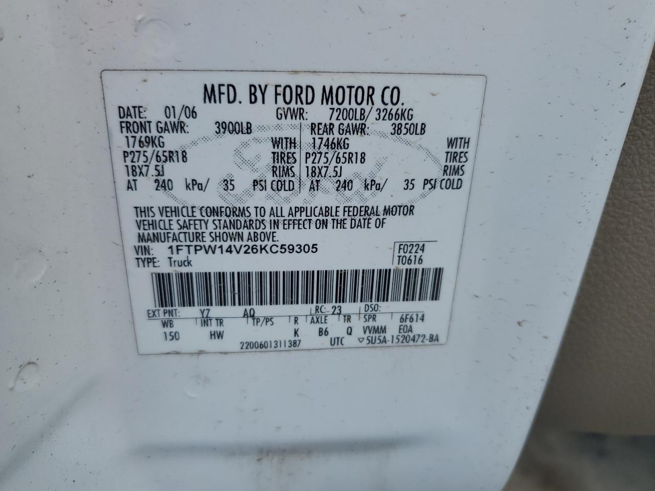 1FTPW14V26KC59305 2006 Ford F150 Supercrew