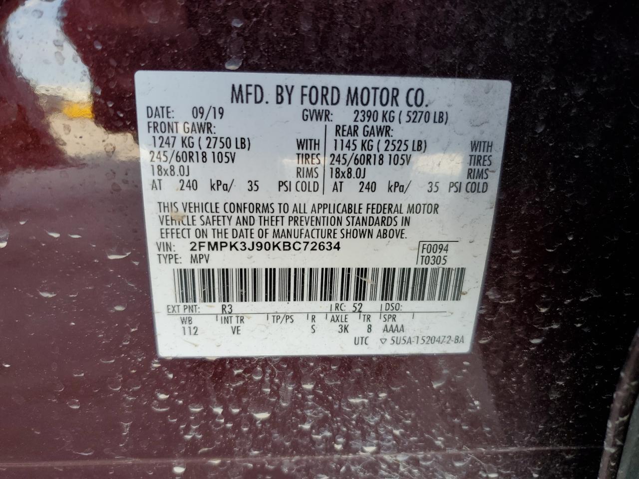 2FMPK3J90KBC72634 FORD EDGE 2019