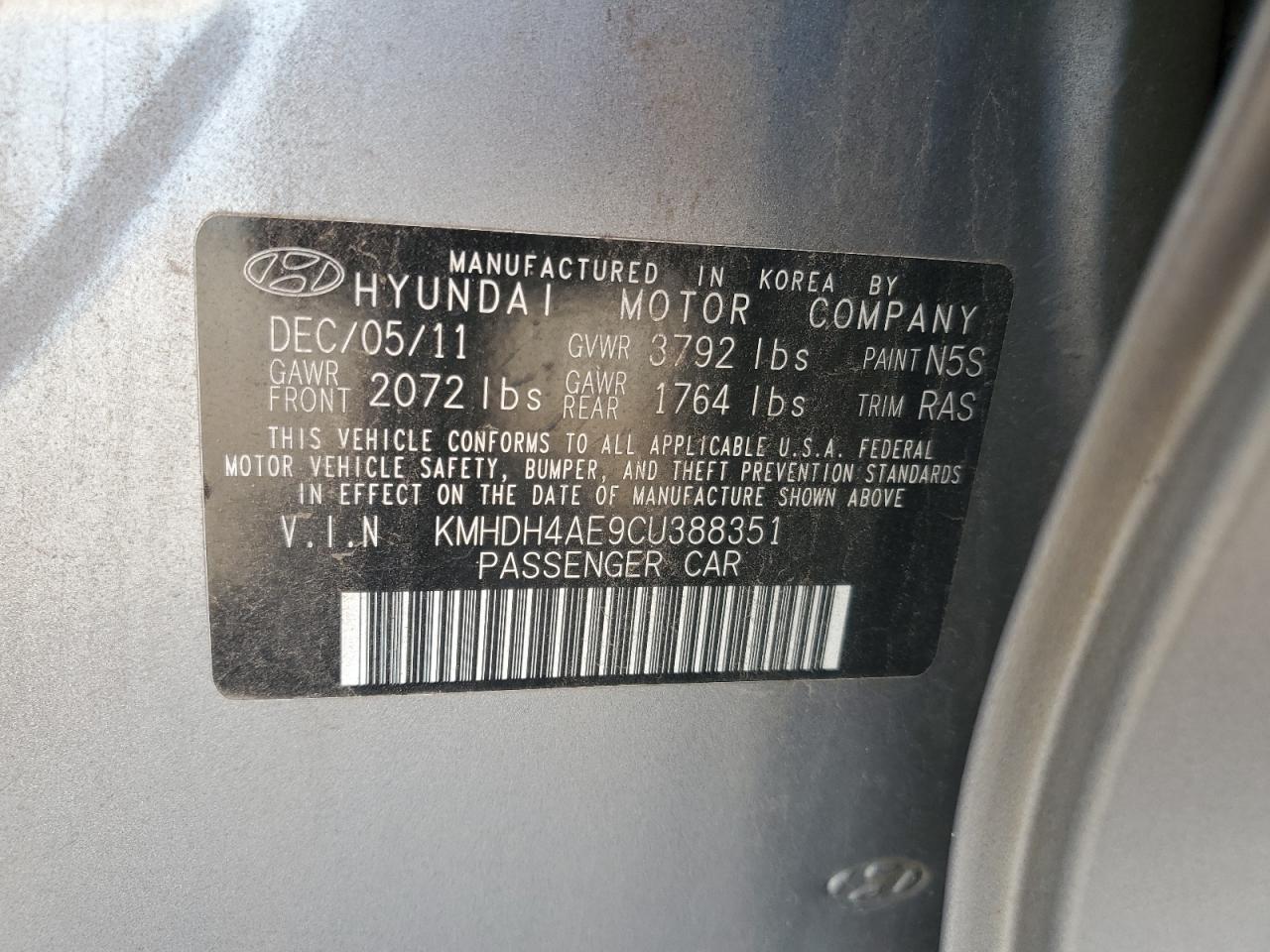 KMHDH4AE9CU388351 2012 Hyundai Elantra Gls