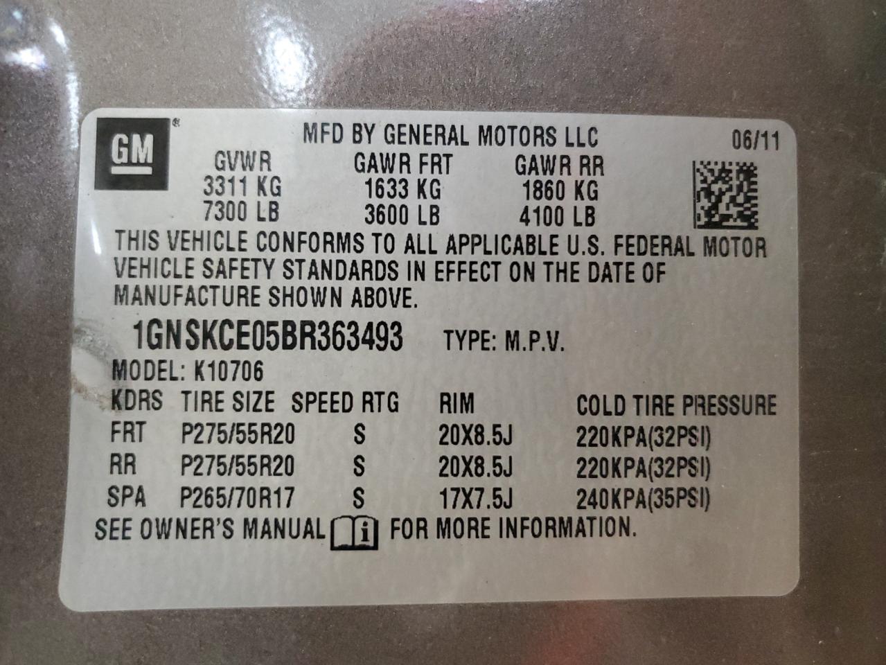 1GNSKCE05BR363493 2011 Chevrolet Tahoe K1500 Ltz