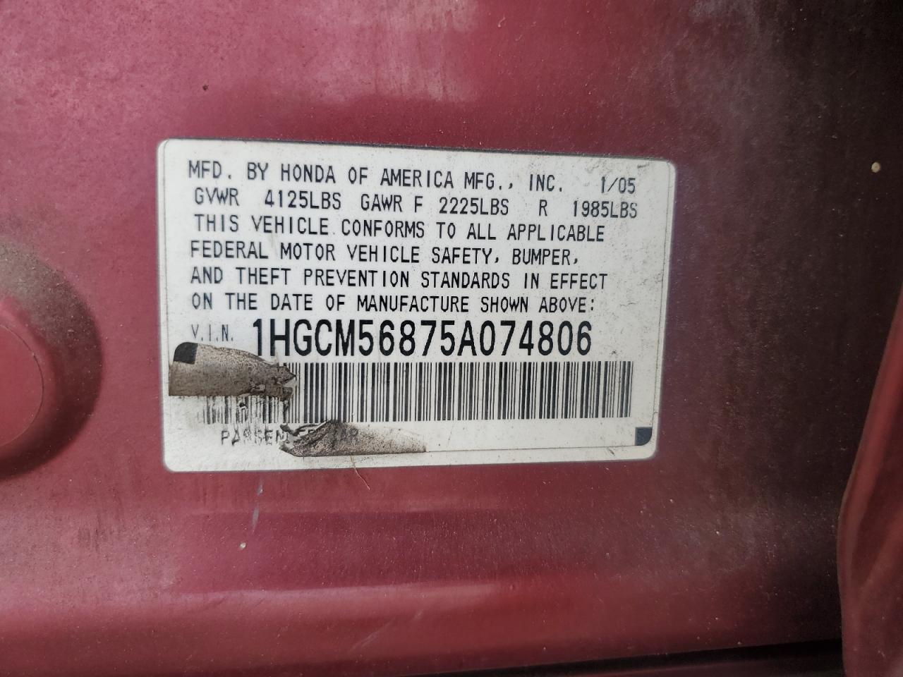 1HGCM56875A074806 2005 Honda Accord Ex