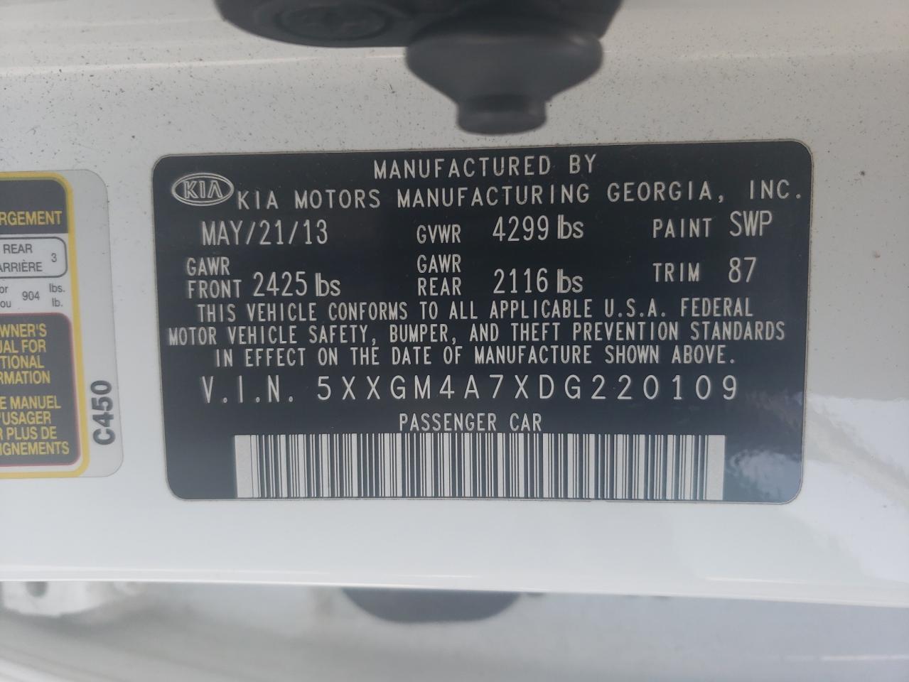 5XXGM4A7XDG220109 2013 Kia Optima Lx