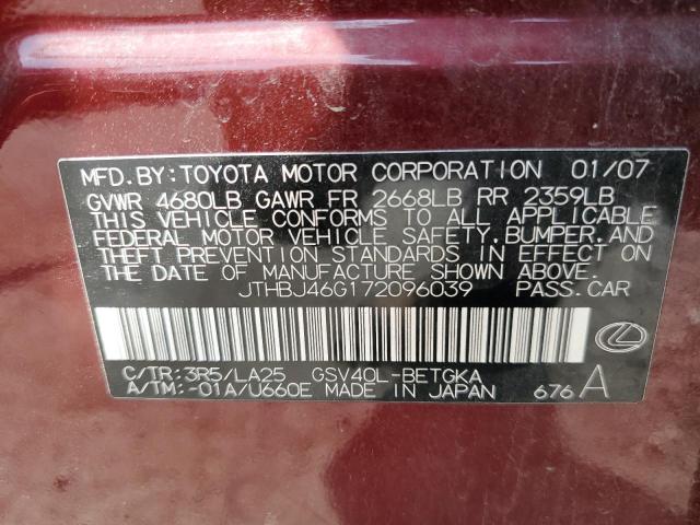 2007 Lexus Es 350 VIN: JTHBJ46G172096039 Lot: 59737464