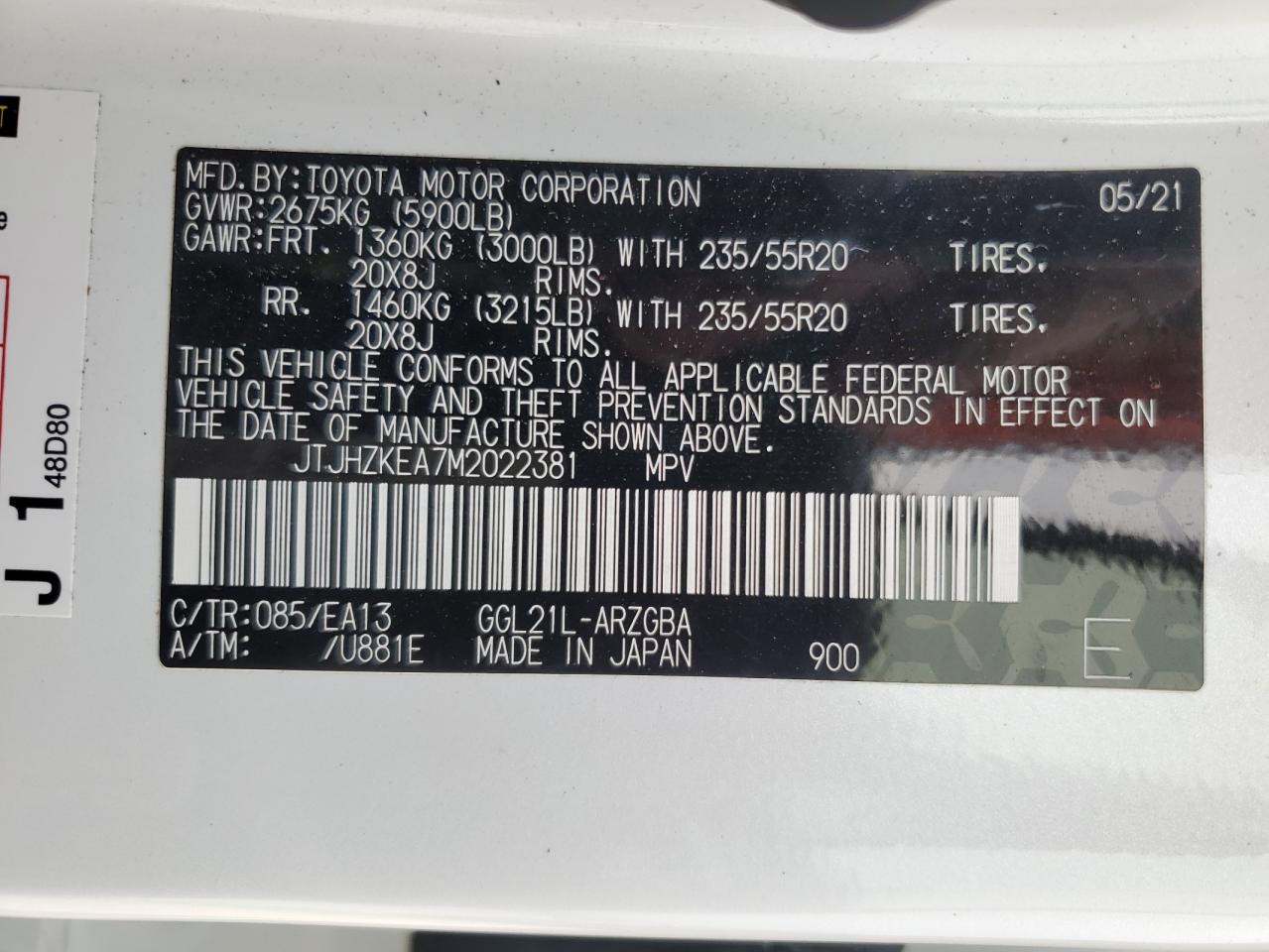 JTJHZKEA7M2022381 2021 Lexus Rx 350 L