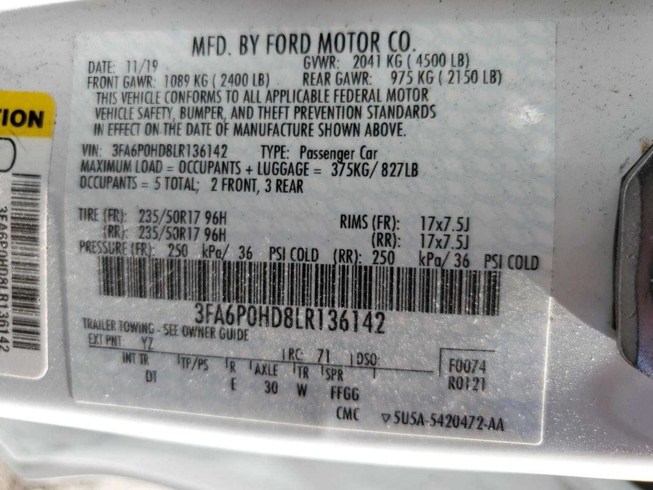 3FA6P0HD8LR136142 2020 Ford Fusion Se