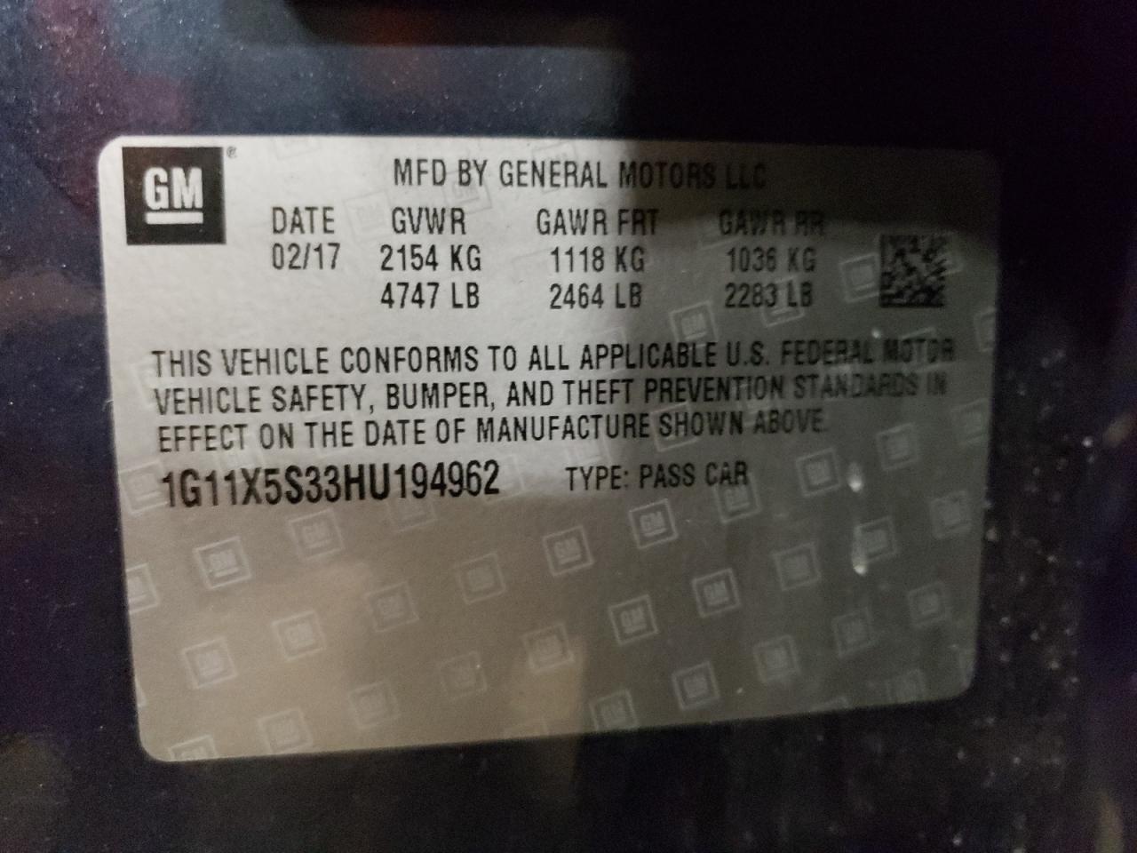 1G11X5S33HU194962 2017 Chevrolet Impala Ls