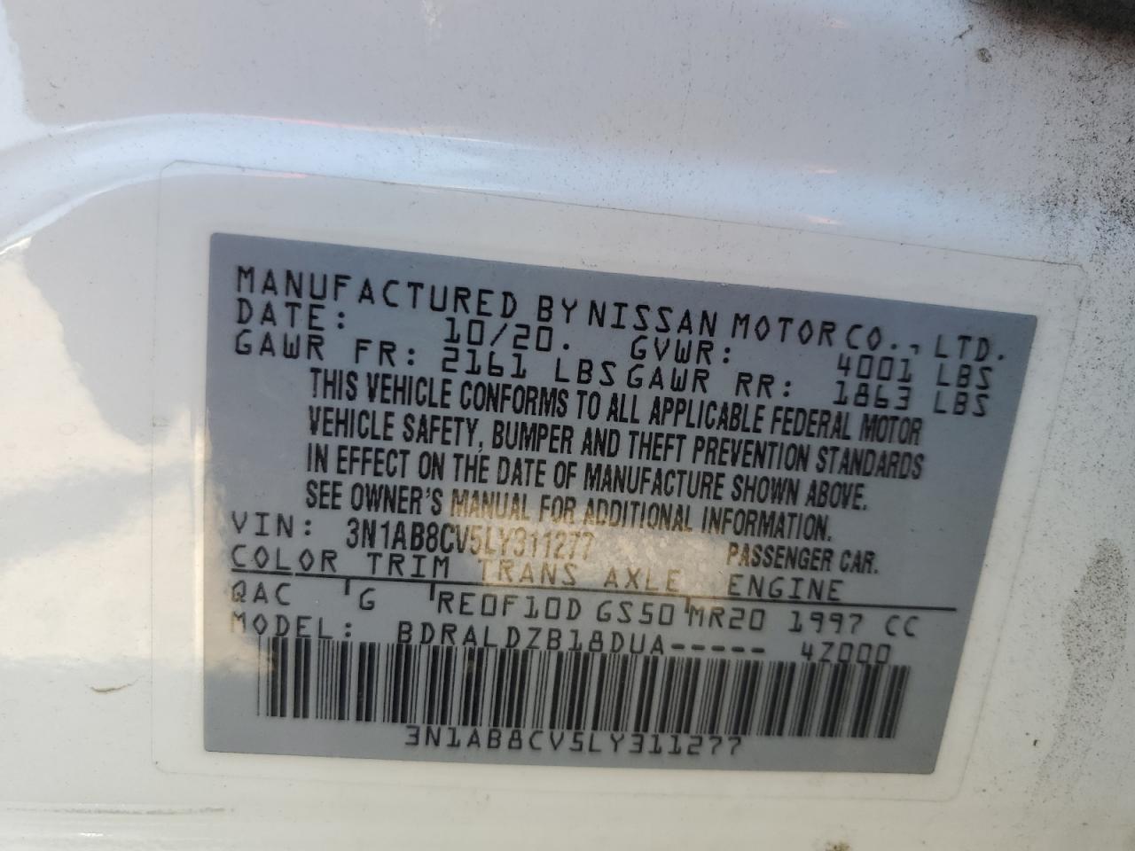 3N1AB8CV5LY311277 2020 Nissan Sentra Sv