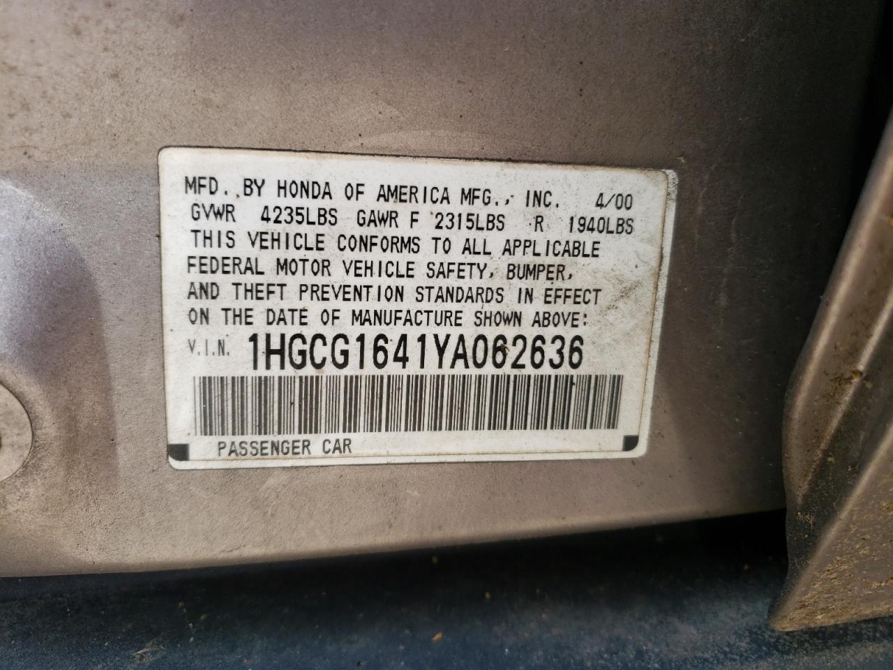 1HGCG1641YA062636 2000 Honda Accord Lx