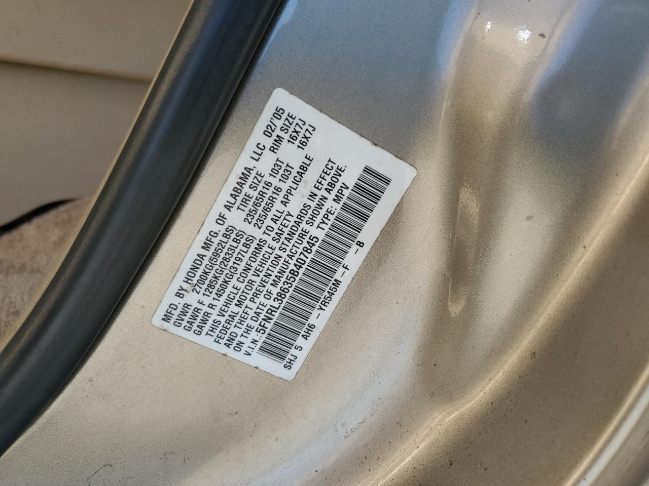 5FNRL38635B407845 2005 Honda Odyssey Exl