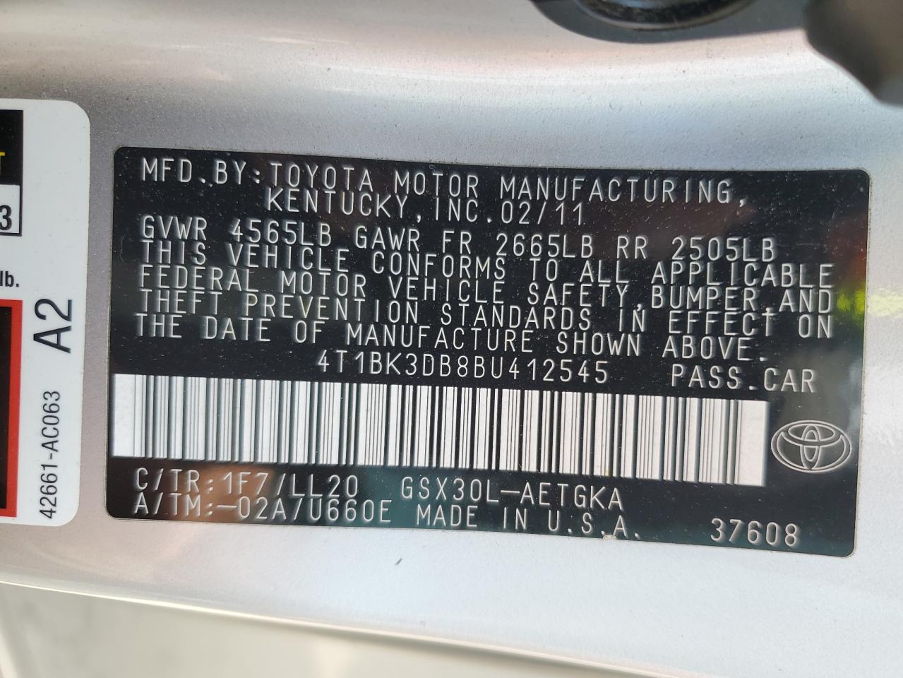 4T1BK3DB8BU412545 2011 Toyota Avalon Base
