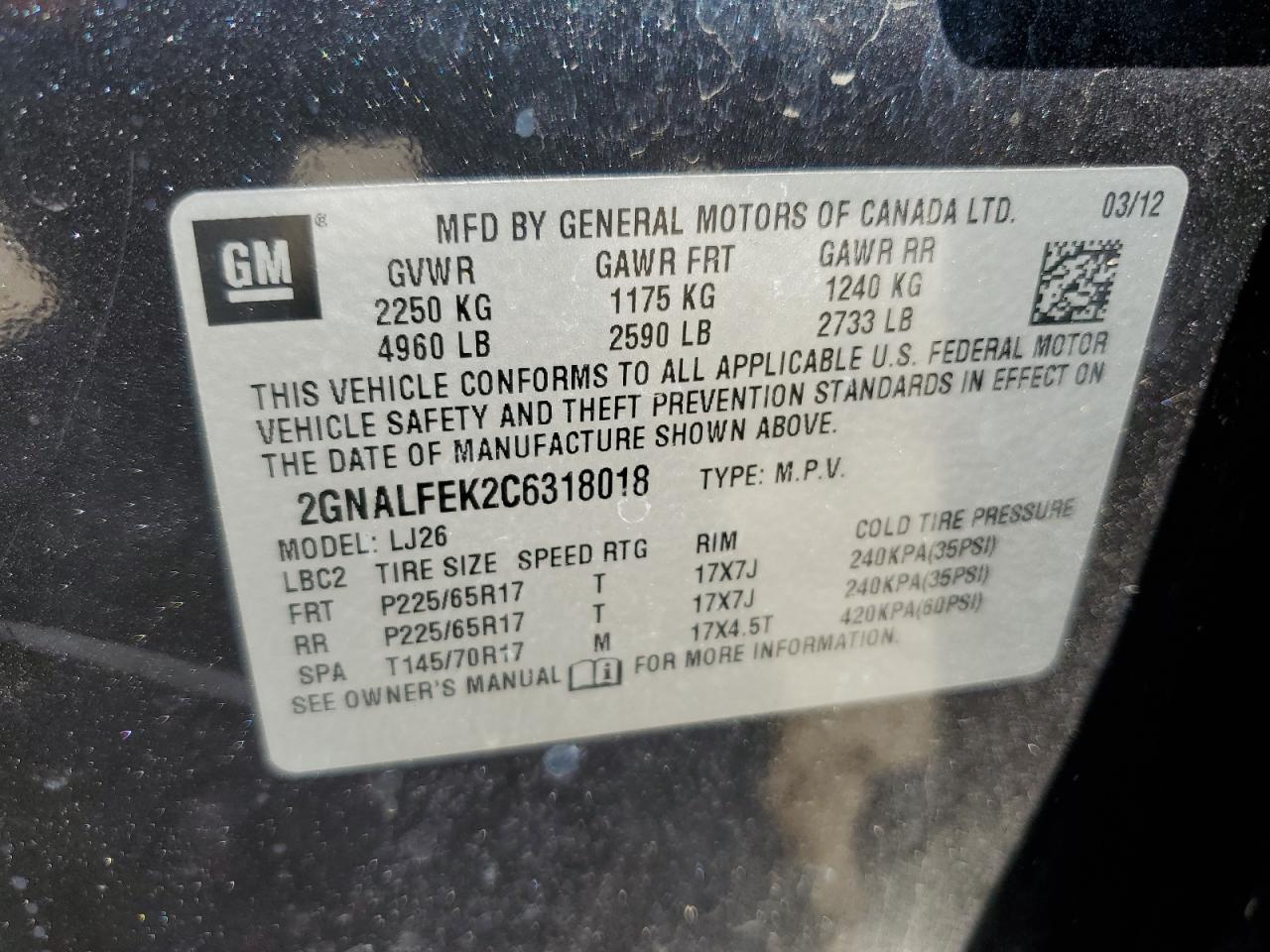 2GNALFEK2C6318018 2012 Chevrolet Equinox Ltz