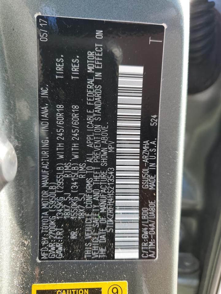 5TDKZRFH4HS213543 TOYOTA HIGHLANDER 2017
