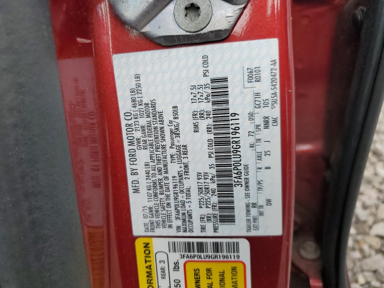 3FA6P0LU9GR196119 FORD FUSION 2016