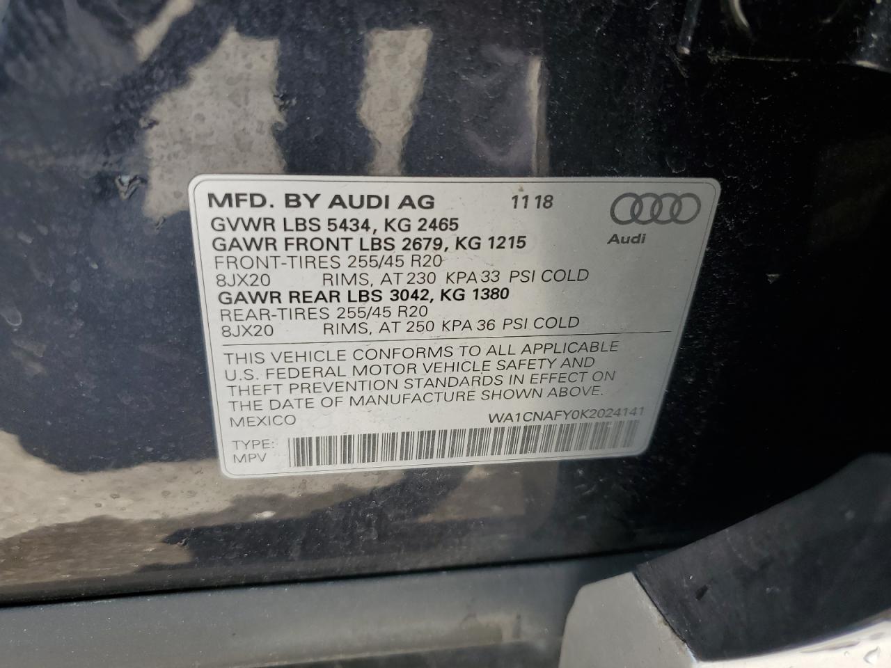 WA1CNAFY0K2024141 2019 Audi Q5 Prestige