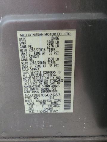 2007 Nissan Pathfinder Le VIN: 5N1AR18U37C607683 Lot: 60514084