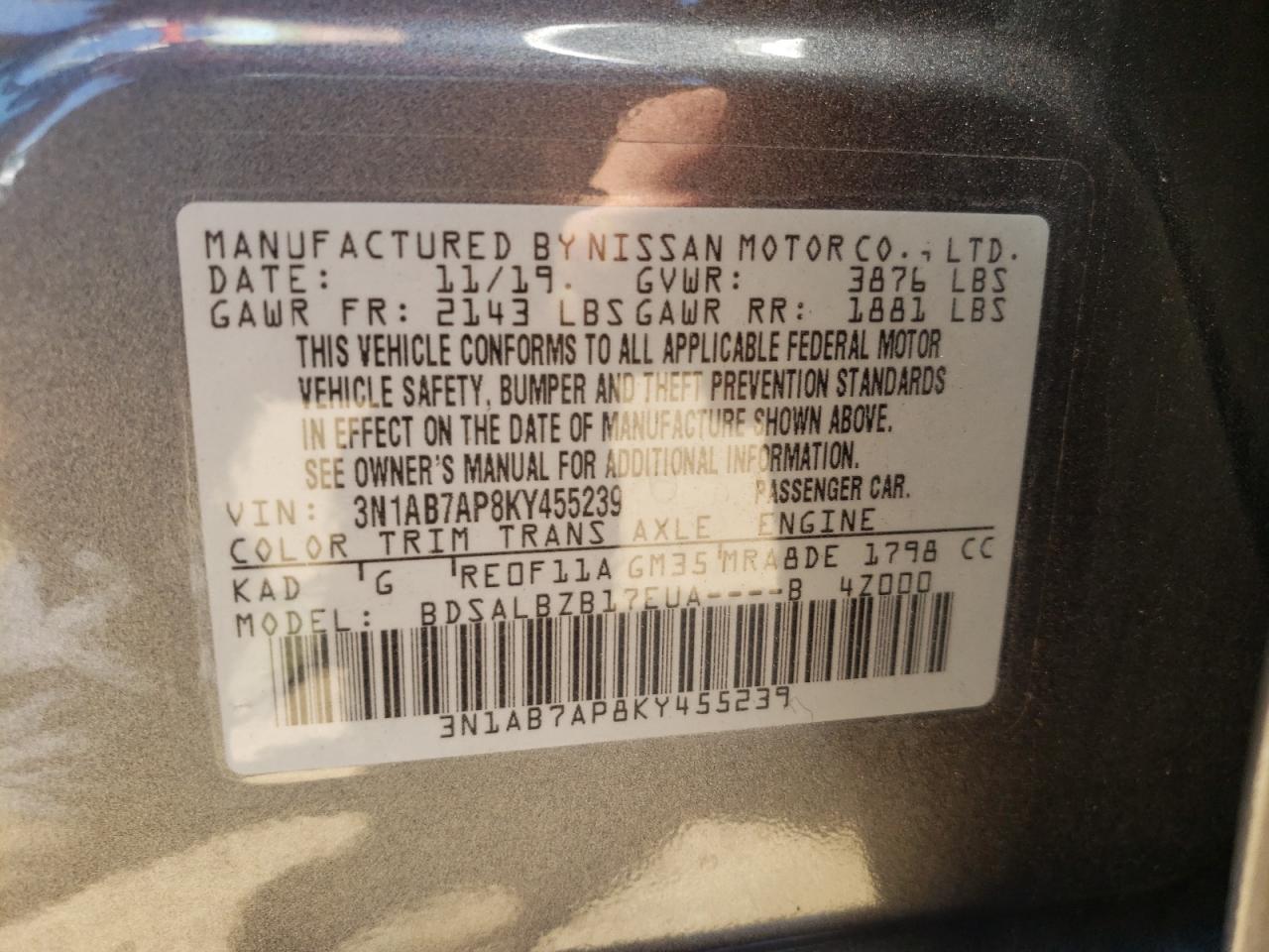 3N1AB7AP8KY455239 2019 Nissan Sentra S