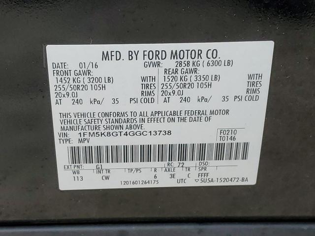 2016 Ford Explorer Sport VIN: 1FM5K8GT4GGC13738 Lot: 58071854