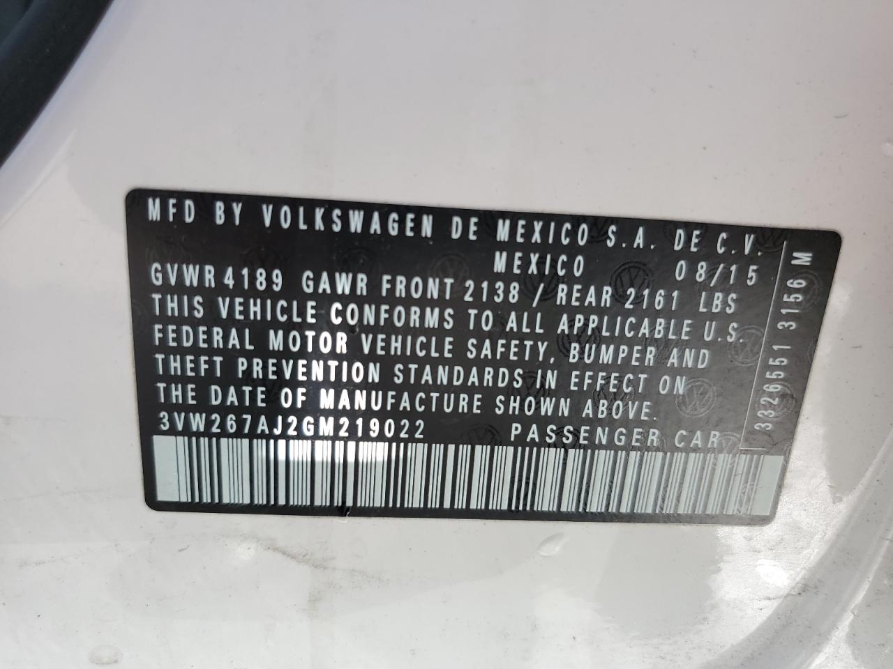 3VW267AJ2GM219022 2016 Volkswagen Jetta S