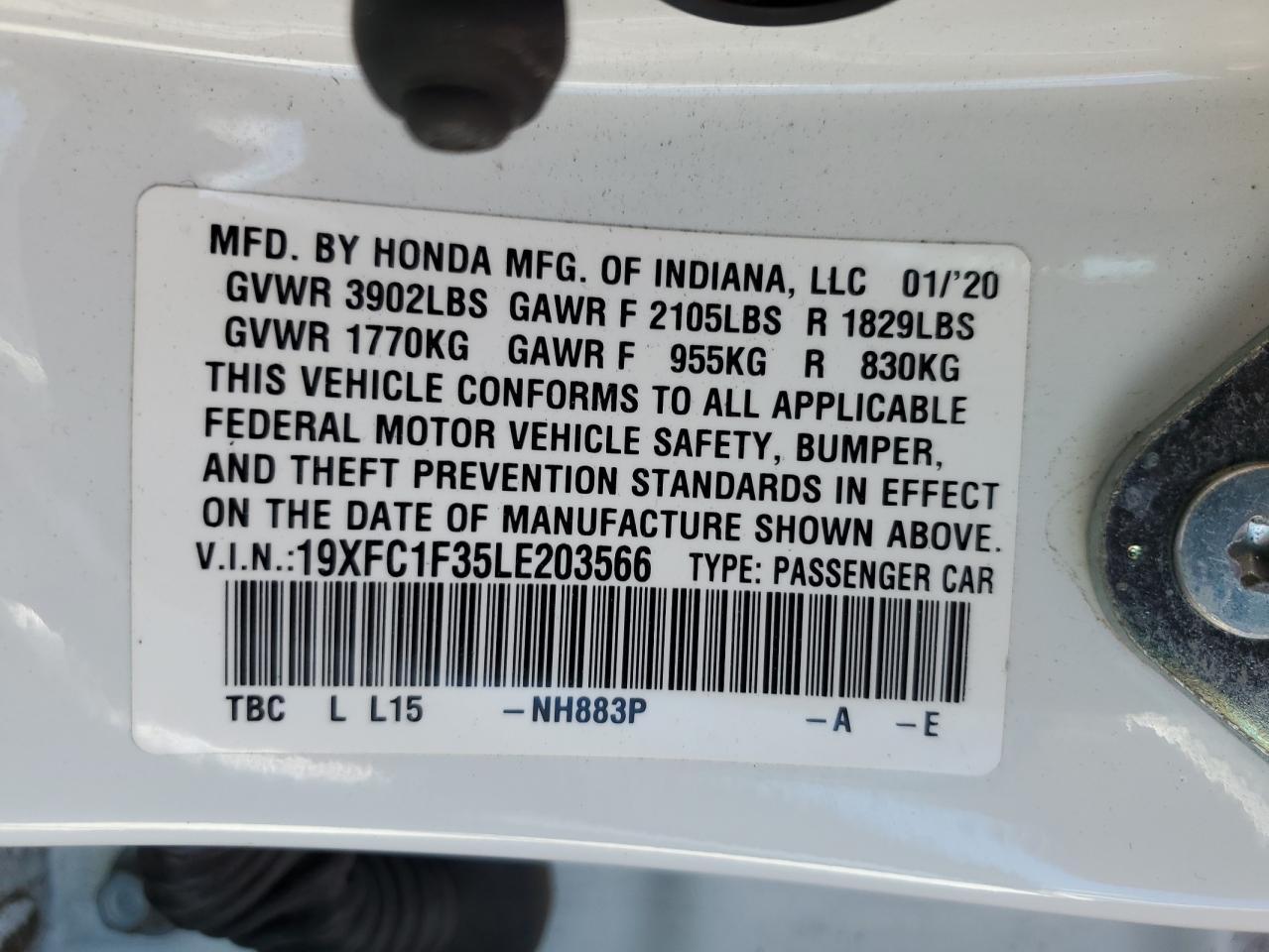 19XFC1F35LE203566 2020 Honda Civic Ex