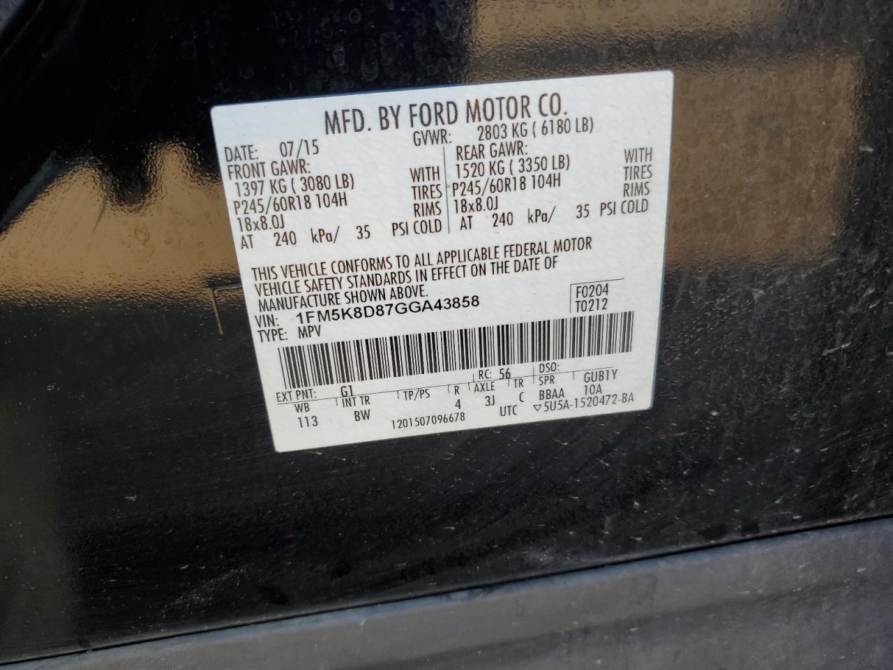 1FM5K8D87GGA43858 2016 Ford Explorer Xlt