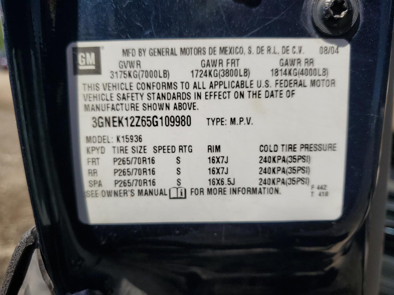 3GNEK12Z65G109980 2005 Chevrolet Avalanche K1500