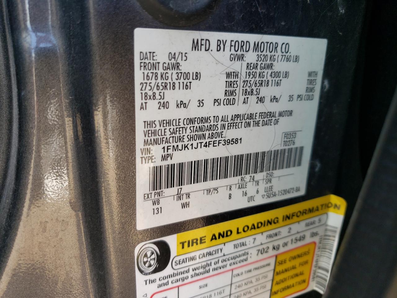 1FMJK1JT4FEF39581 2015 Ford Expedition El Xlt